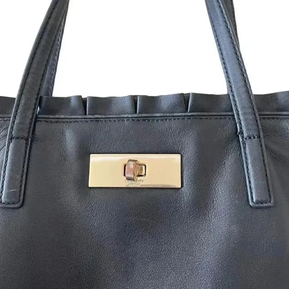 Kate Spade New York Logo Black Leather Tote Double Handles Shoulder Bag Ruffle